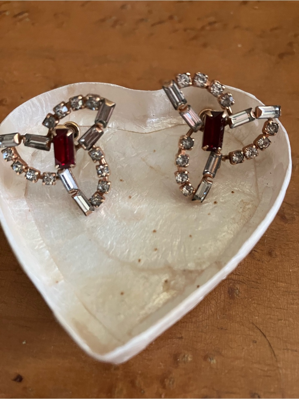 Vintage Phyllis Gold Loop Screw Back Earrings with Red and White Rhinestones